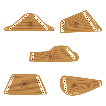 Gusli. Set of ancient Slavic musical instruments stringed. Colorful vector isolated flat illustration