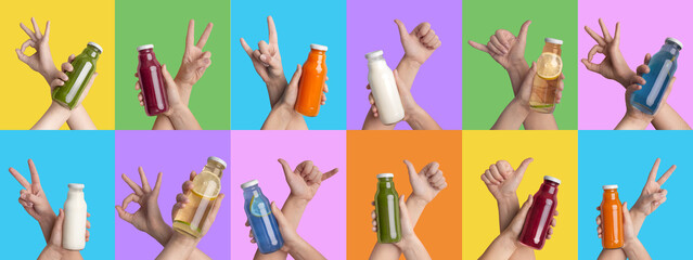 Collection of various hands showing bottles with colorful drinks