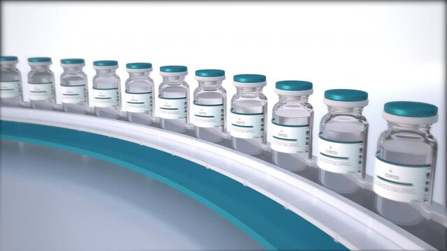 Mass production of coronavirus covid-19 vaccine. Manufacturing the vaccines on conveyor with covid-19 vials in the pharmaceutical laboratory. Medicine for immunization and vaccination, loop animation