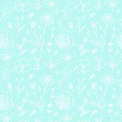 Vector seamless pattern with Flowers white line on Spun Sugar hand painted background.Summer,floral,botanical print in doodle style.Design for textiles,fabric,wrapping paper,packaging,wallpaper.