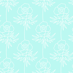 Vector seamless pattern with Flowers white line on Spun Sugar hand painted background.Summer,floral,botanical print in doodle style.Design for textiles,fabric,wrapping paper,packaging,wallpaper.