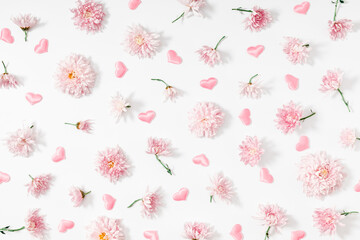 Beautiful flowers composition. Pink flowers on white background. Valentines Day, Easter, Happy Women's Day, Mother's day. Flat lay, top view, copy space