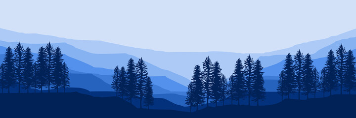 morning blue mountain landscape with forest silhouette landscape vector illustration good for wallpaper, backdrop, background, design template and tourism
