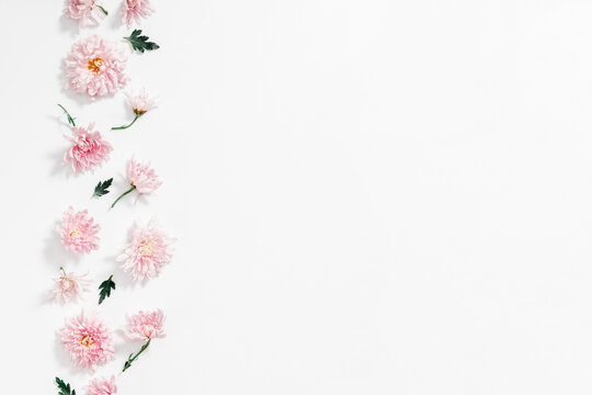 Beautiful flowers composition. Pink flowers on white background. Valentines Day, Easter, Happy Women's Day, Mother's day. Flat lay, top view, copy space