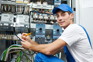 electrician worker inspecting equipment and electricity meter - 476599804