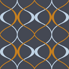 Seamless geometric pattern.  Decorative wallpaper in classic style. Blue and golden ornament on a dark gray background.