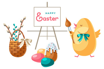 Easter card with chick-artist. Сute cartoon chicken with a brush writes congratulations on canvas, surrounded by eggs, a cake and a basket with pussy willow branches. Isolated white background.