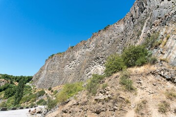 Picturesque rocks and a fragment of the road in the Caucasian mountains.