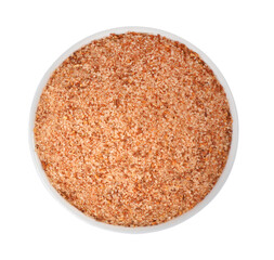 Pink salt with spices in bowl isolated on white, top view