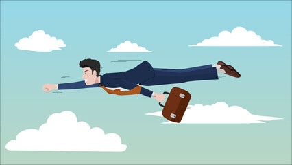 Fototapeta premium Businessman wearing a suit flying in the sky and the left hand holds the bag. With background of the sky and white clouds.