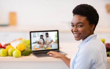 Happy African American woman taking online cooking class, learning healthy food recipes on laptop at home, collage