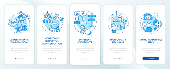 Teamwork tips blue onboarding mobile app screen. Successful company walkthrough 5 steps graphic instructions pages with linear concepts. UI, UX, GUI template. Myriad Pro-Bold, Regular fonts used