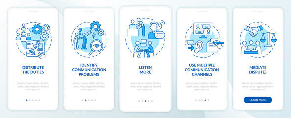 Ways to improve teamwork blue onboarding mobile app screen. Strategy walkthrough 5 steps graphic instructions pages with linear concepts. UI, UX, GUI template. Myriad Pro-Bold, Regular fonts used