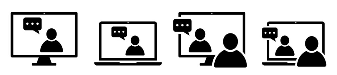 Set of online education icons or video conference icons. Online training, people working from home on their computer. Communicating with their colleagues. Vector illustration.