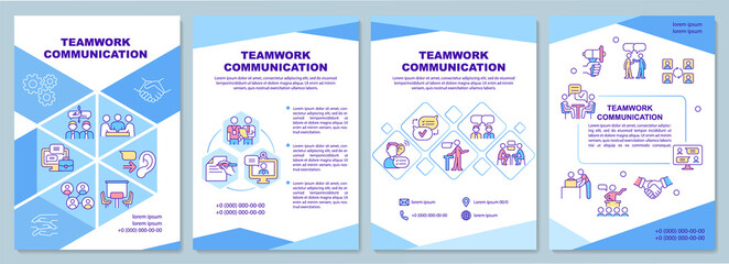 Teamwork communication blue brochure template. Team relation. Booklet print design with linear icons. Vector layouts for presentation, annual reports, ads. Arial-Black, Myriad Pro-Regular fonts used