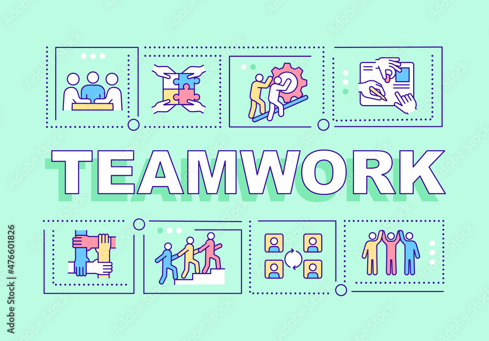 Poster teamwork word concepts green banner. build productive team. infographics with linear icons on backgr