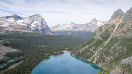 Beautiful alpine valley with blue glacier lake, forest and surrounding peaks, narrow shot, Canada