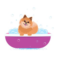 Cute dog splashing around in a bubble bath with foam and soap bubbles. Vector illustration of pet grooming for web design, sticker, banner, website, graphics and greeting card