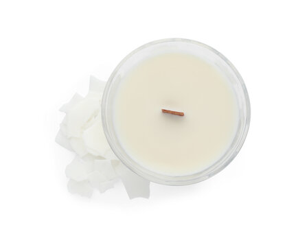 Aromatic soy candle with wooden wick isolated on white, top view