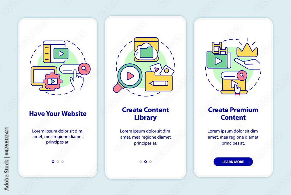 Poster video on demand onboarding mobile app screen. content distribution walkthrough 3 steps graphic instr