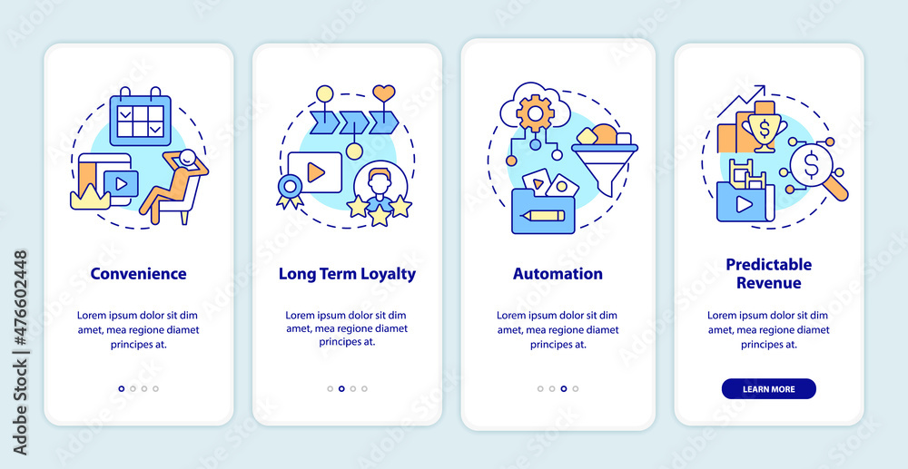 Aufkleber benefits of subscription based services onboarding mobile app screen. walkthrough 4 steps graphic in