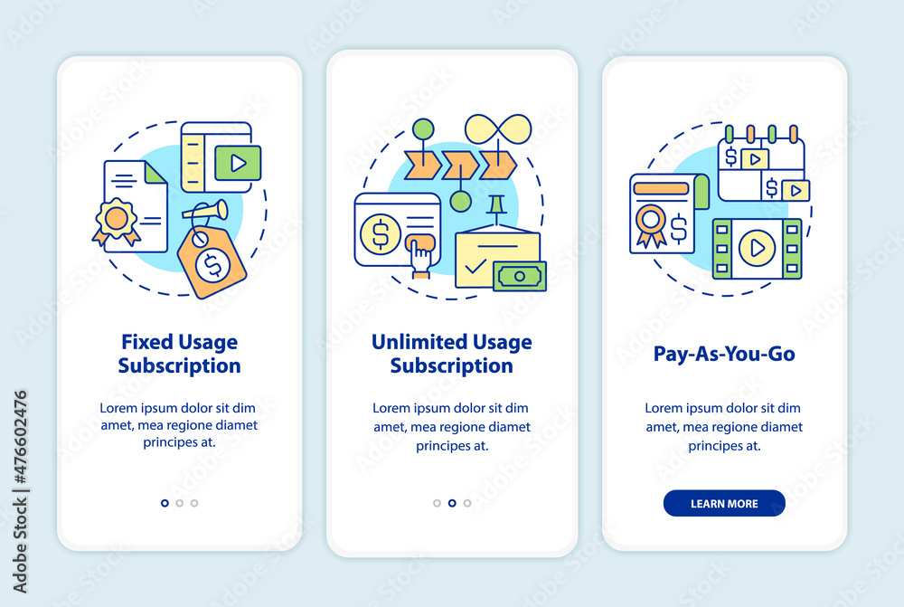 Aufkleber types of subscription onboarding mobile app screen. pay for content walkthrough 3 steps graphic inst