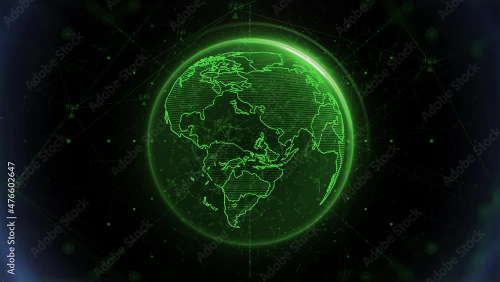 Leinwandbilder Digital Green Earth Planet Rotating on Flickering Flare Ring. Plexus Line Element Data Communication Transfer 4K Motion Background.
