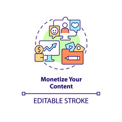 Monetize your content concept icon. Earn money from subscription abstract idea thin line illustration. Isolated outline drawing. Editable stroke. Roboto-Medium, Myriad Pro-Bold fonts used