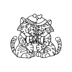 Fototapeta na wymiar Linear vector illustration of cute tigers drinking hot drink