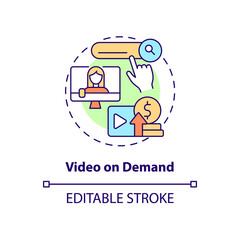 Video on demand concept icon. Earn money from subscription abstract idea thin line illustration. Isolated outline drawing. Editable stroke. Roboto-Medium, Myriad Pro-Bold fonts used