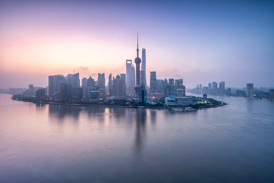 Pudong skyline at sunrise, Shanghai, China
