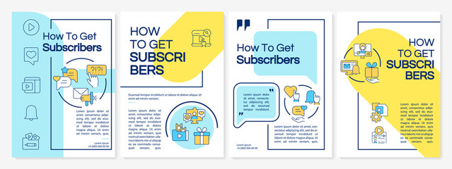 Naklejka premium How to get subscribers blue and yellow brochure template. Booklet print design with linear icons. Vector layouts for presentation, annual reports, ads. Questrial-Regular, Lato-Regular fonts used
