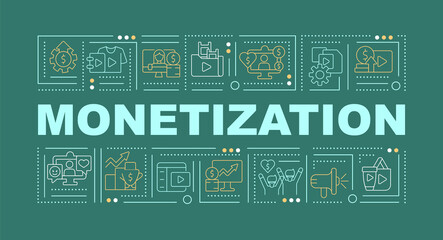 Monetization word concepts green banner. Earn money from content. Infographics with linear icons on background. Isolated typography. Vector color illustration with text. Arial-Black font used