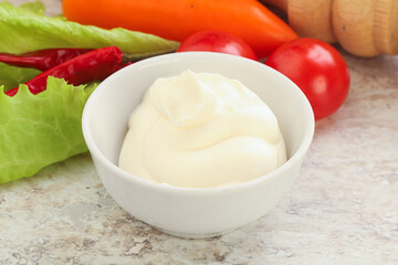 Organic mayonnaise sauce in the bowl