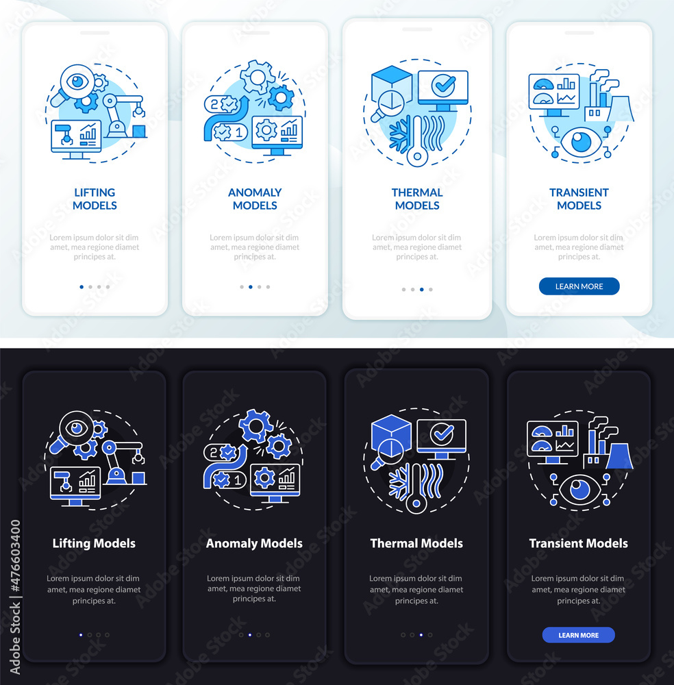 Aufkleber virtual modeling night and day mode onboarding mobile app screen. walkthrough 4 steps graphic instru