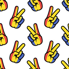 Romania flag in the form of a peace sign. Seamless background. Gesture V victory sign, patriotic sign, icon for apps, websites, T-shirts, souvenirs, etc., isolated on white background