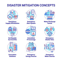 Obraz premium Disaster mitigation concept icons set. Emergency situation services idea thin line color illustrations. Isolated outline drawings. Editable stroke. Roboto-Medium, Myriad Pro-Bold fonts used