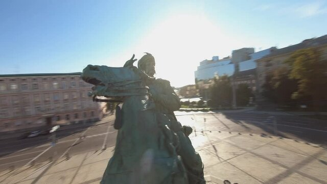 FPV drone footage. Fly over Bohdan Khmelnytsky Monument on Sofiyivska Square at Kyiv. Ukraine, Kyiv - 3 august 2021