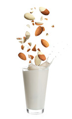 Delicious almond milk and nuts on white background