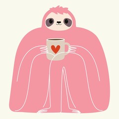 Vector illustration with pink sloth holding a cup of hot drink. Trendy print design with animal, coffee, tea or chocolate