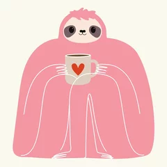 Fototapete Candy Pink Vektorillustration mit rosafarbenem Faultier, das eine Tasse heißes Getränk hält. Trendiges Printdesign mit Tier, Kaffee, Tee oder Schokolade