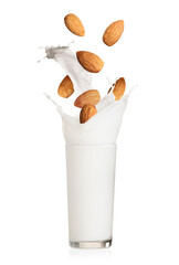 Delicious almond milk and nuts on white background
