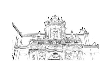Building view with landmark of Lecce is a city in Italy. Hand drawn sketch illustration in vector.