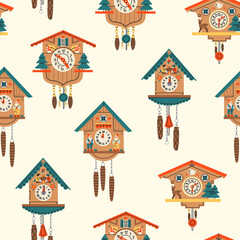 Set of Cuckoo Clocks. Decorative wooden clock. Antique german wall watches. Hand drawn colorful modern Vector Illustration. Cartoon style. Square seamless Pattern. Background, wallpaper