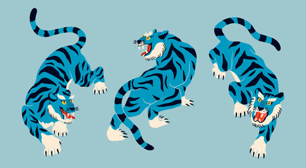 Abstract blue Tiger. Tiger walk. Japanese or Chinese oriental style. Hand drawn colored Vector illustration. Print, logo, poster template, tattoo idea. Symbol of 2022 new year