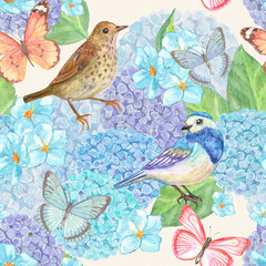 fashion seamless texture with little birds on colorful hydrangea flowers and flying butterflies. watercolor painting