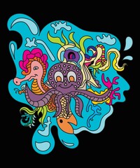 Vector abstract cartoon doodle squid colorful illustration. Liquid and fluid abstract tribal tattoo, sticker, and wallpaper background.