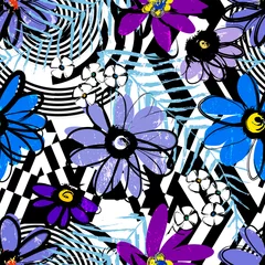 Poster seamless floral pattern background, retro style, with circles, stripes, flowers, paint strokes and splashes © Kirsten Hinte