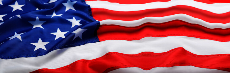 National American flag as background, closeup. Banner design