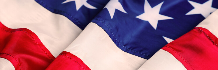 National American flag as background, closeup. Banner design